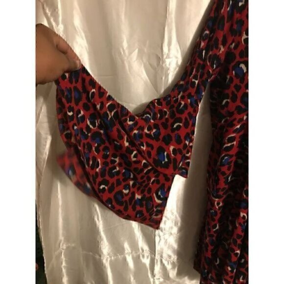 Red Leopard 70s V Neck  Tier  Hippie Bell Sleeve Bohemian Mini Dress M - Picture 7 of 14